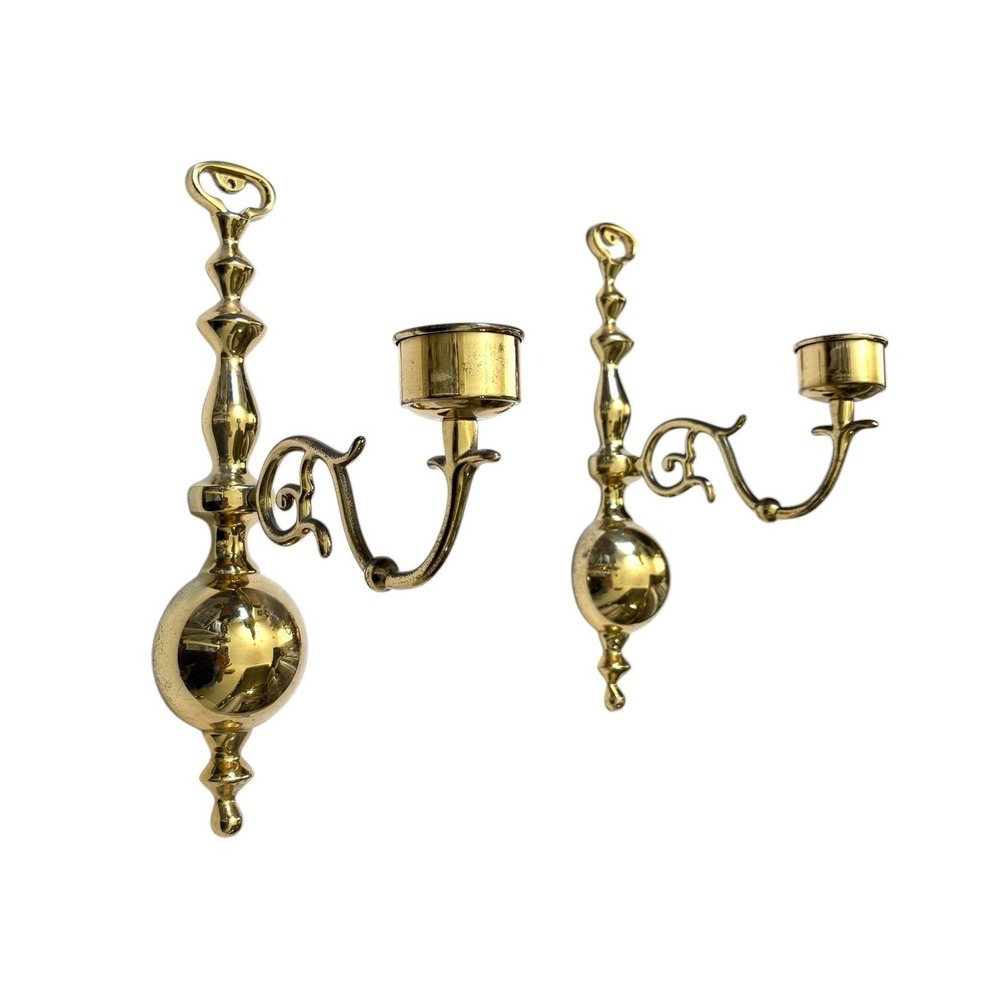 Vintage Solid Brass Wall Sconce Candle Holders Pair Polished Gold Spindle 12.5in